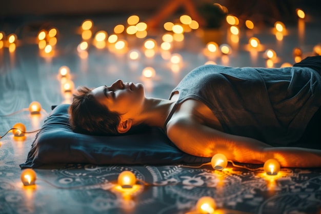 Persona sdraiata in savasana con luci ambientali