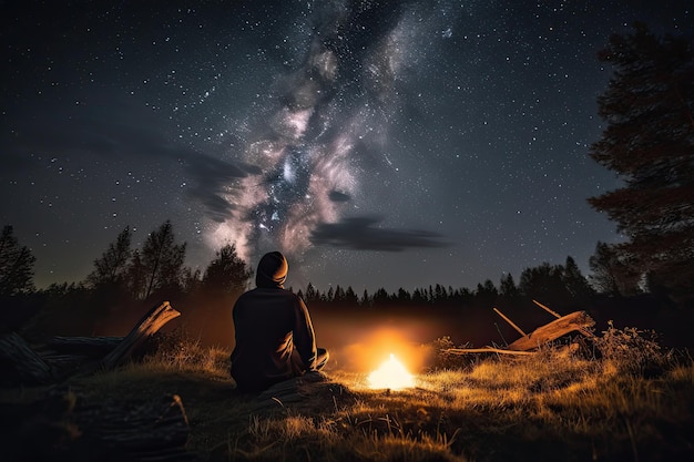 Persona seduta accanto al fuoco che guarda il cielo notturno stellato