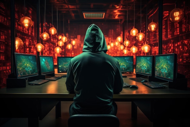 persona seduta alla scrivania durante la sorveglianza degli attacchi informatici e l'hacking
