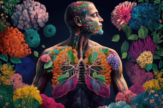 Persona seduta in giardino di fiori colorati con primo piano dei loro polmoni creati con intelligenza artificiale generativa