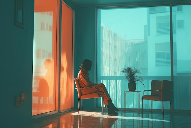 persona seduta sul portico dell'hotel che guarda la finestra nello stile della sensibilità emotiva