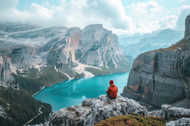Persona seduta sulla montagna con vista sul lago