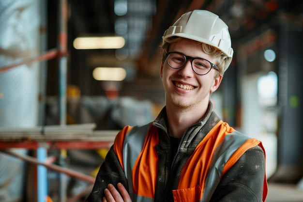 Persona sorridente giovane in piedi insieme ritratto del personale all'interno del lavoro moderno sorridendo alla telecamera