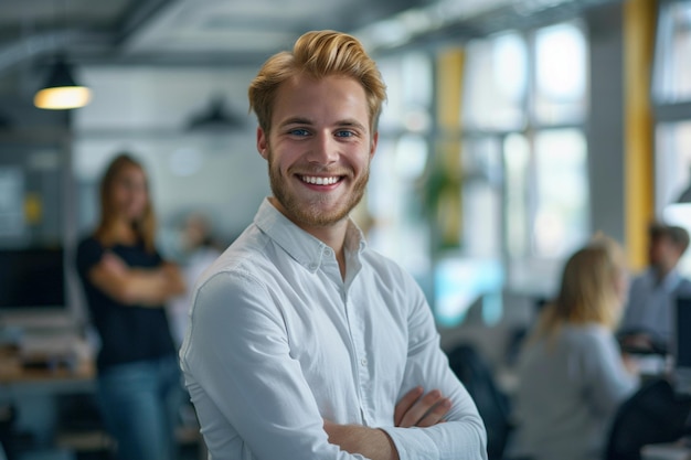 Persona sorridente giovane in piedi insieme ritratto del personale all'interno del lavoro moderno sorridendo alla telecamera