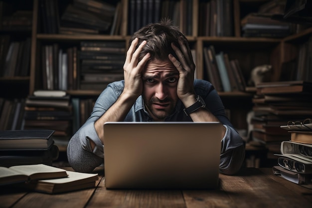 Persona stressata dal lavoro con un laptop che sperimenta pressione aziendale e ansia AI