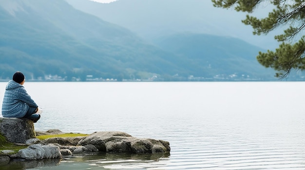 Persona triste e contemplativa vicino al lago