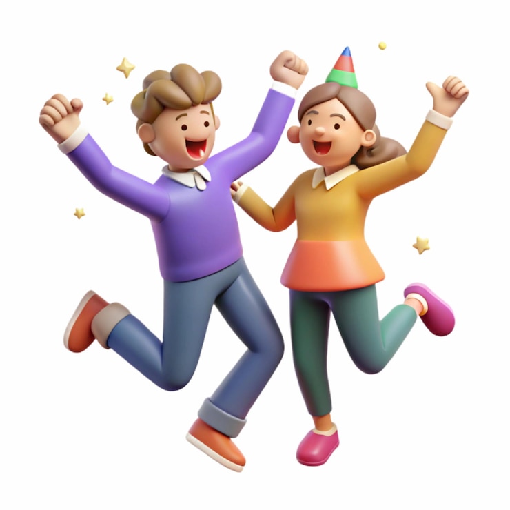 Personaggi 3D eccitati in una felice celebrazione di gruppo