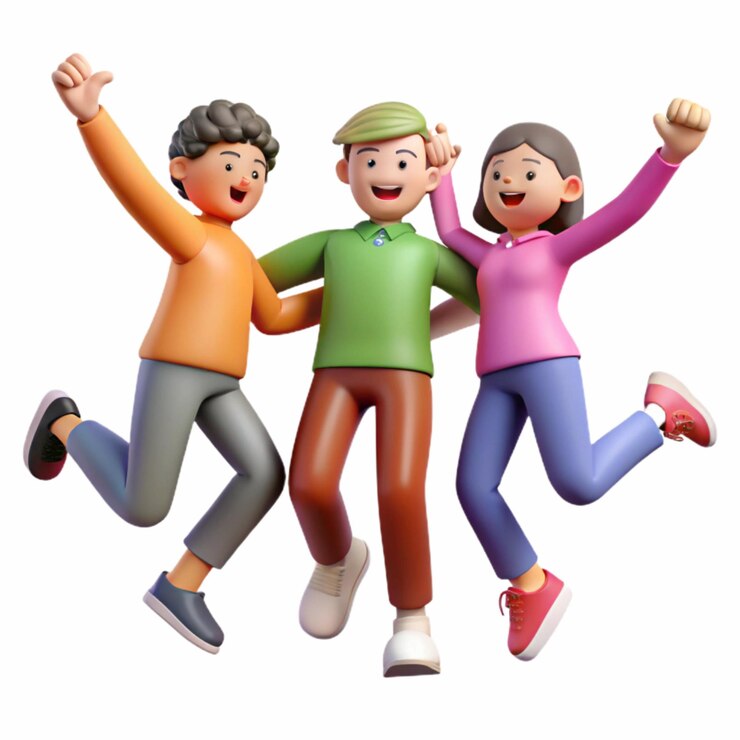 Personaggi 3D eccitati in una felice celebrazione di gruppo