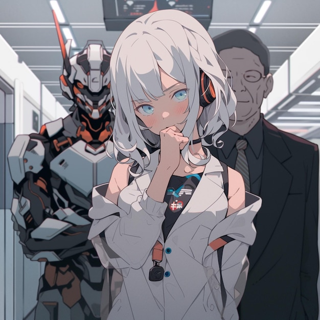 personaggi anime in un corridoio con un robot e una donna che genera intelligenza artificiale