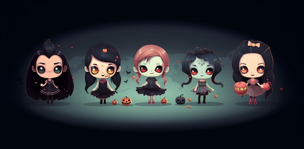 personaggi dei cartoni animati di Halloween con diverse espressioni e costumi generative ai