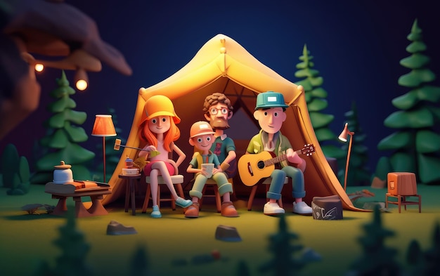 Personaggi di cartoni animati 3D avventura fuoco di campo in estate felice e godere