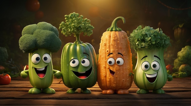 Personaggi di generi alimentari, frutta e verdura in alimenti dietetici in stile cartone animato Pixar freschi dal campo, simpatici animali divertenti