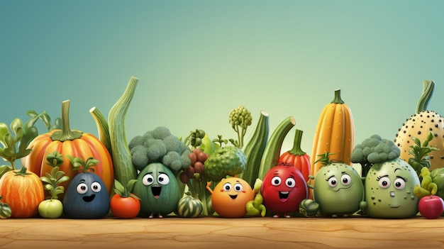 Personaggi di generi alimentari, frutta e verdura in alimenti dietetici in stile cartone animato Pixar freschi dal campo, simpatici animali divertenti