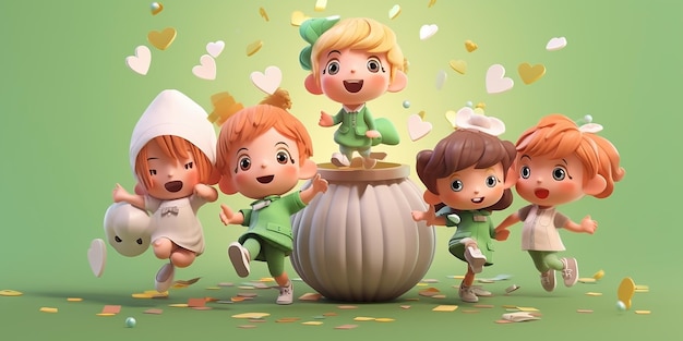 personaggi felici che ballano in stile tradizionale irlandese in una festa di danza 3D icona argilla render