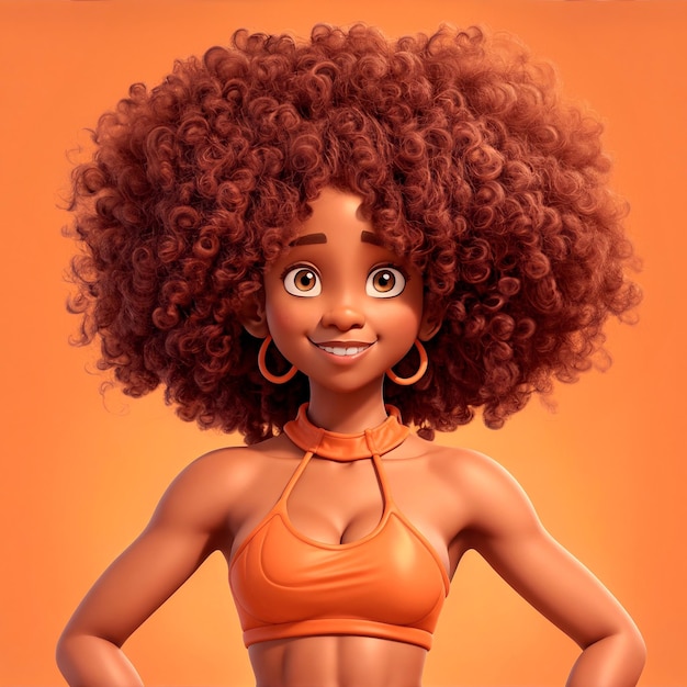personaggio 3d afro donna palestra atletica fitness e sport uno sfondo arancione