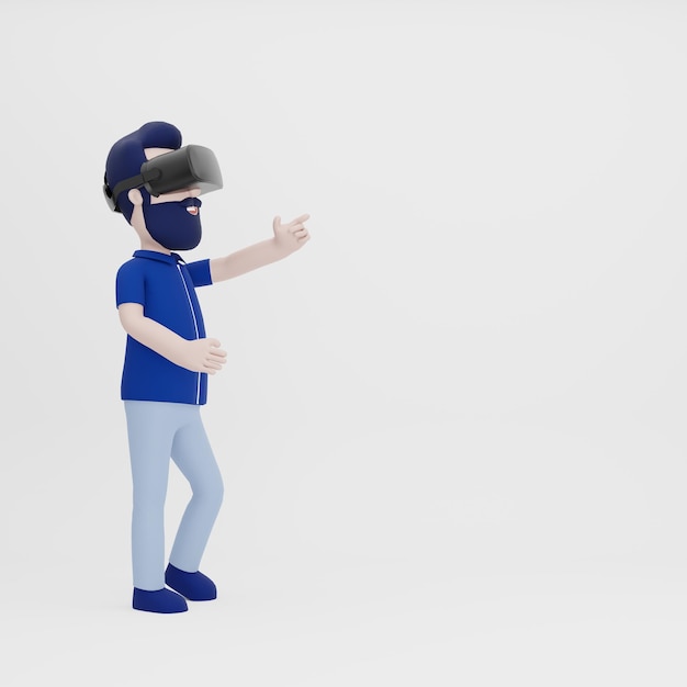 Personaggio 3D che indossa le cuffie VR per giocare