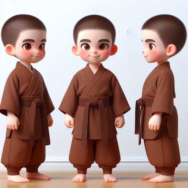 Personaggio 3D Chibi Un ragazzo di cinque anni che pesa cinquanta chilogrammi abiti Shaolin marroni