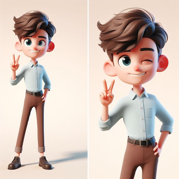 Personaggio 3D di un giovane uomo che indossa una camicia blu chiaro con due mani con le dita