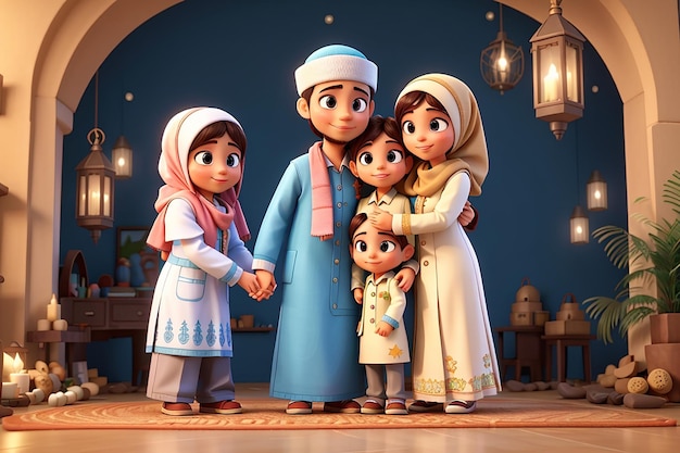 Personaggio 3D Famiglia che si abbraccia per l'Eid Mubarak