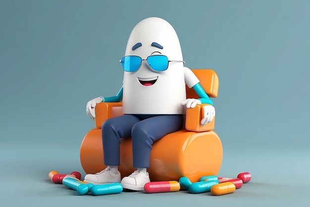 Personaggio 3D malato seduto su un vaso di pillole isolato
