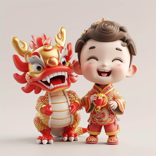 Personaggio 3D super carino ragazzo seduto sulla parte posteriore di un dragone divino cinese rosso e oro illuminazione studio felice