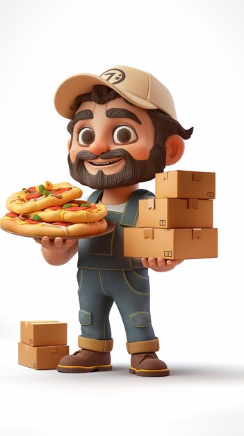 Personaggio 3D uomo consegna pizza su sfondo bianco AI generativa