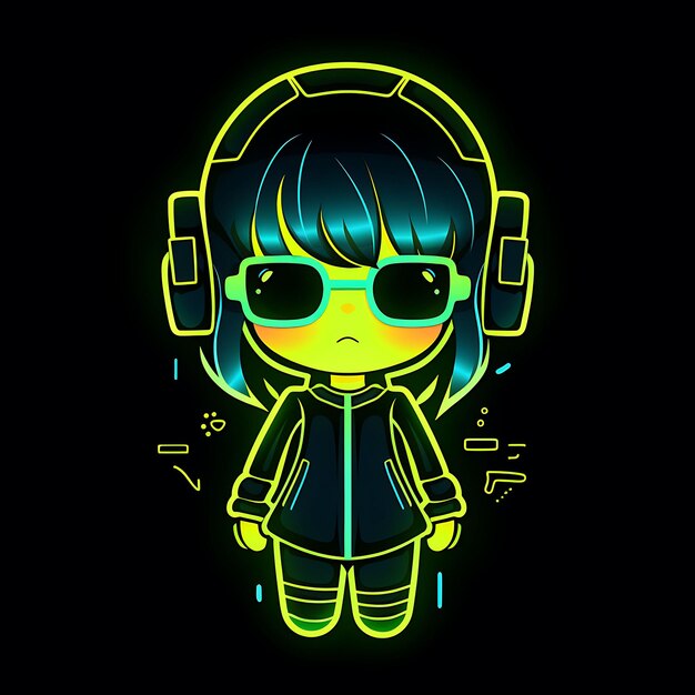 Personaggio al neon della carina ragazza Chibi con Bob Cut e Bangs Costume da bagno scolastico Goggl Clipart Set di adesivi