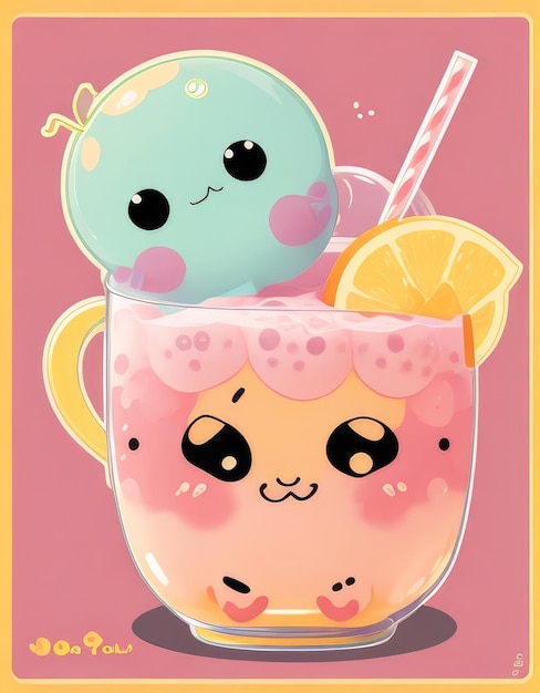 Personaggio allegro di Bubble Tea Cutie con paglia