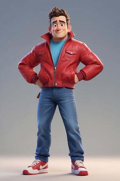 Personaggio animato allegro con giacca rossa e jeans blu