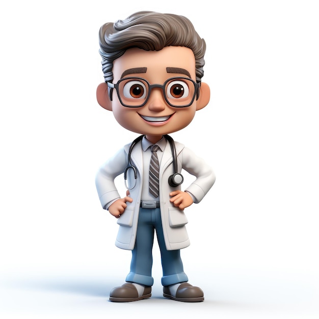 Personaggio animato di un dottore in 3D su sfondo bianco