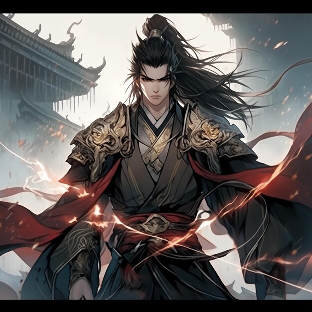 personaggio anime con i capelli lunghi e un mantello rosso che tiene una spada generative ai