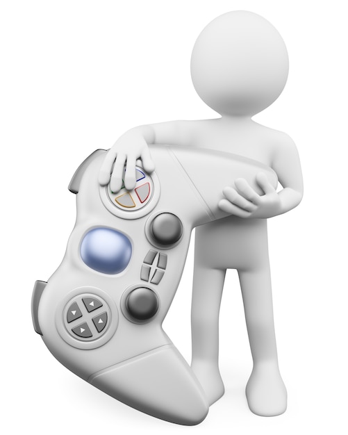 Personaggio bianco 3D. Bambino con un gamepad