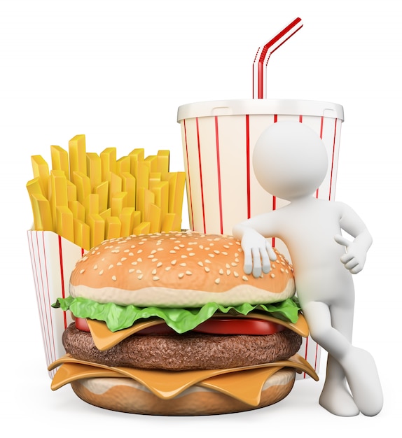 Personaggio bianco 3D. Fast food. Bevanda di patatine fritte di hamburger