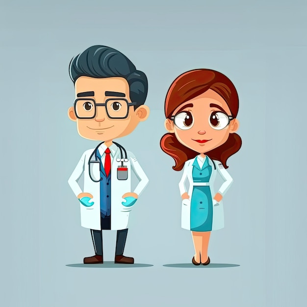 Personaggio cartone animato di dottore e infermiera illustrazione vettoriale sfondo bianco realizzato da intelligenza artificiale