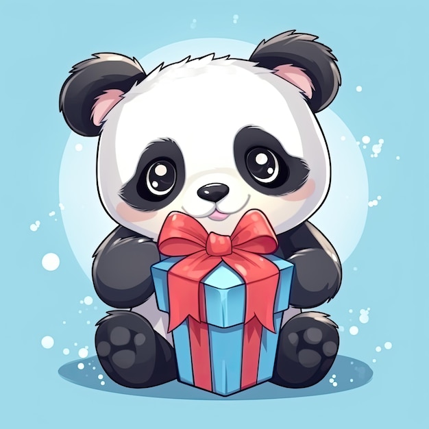 Personaggio cartoni animati di panda carino con scatola regalo congratulazioni e concetto di regalo AI generativa