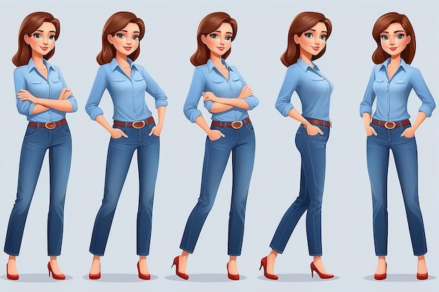 Personaggio casuale di donna d'affari in diverse pose in jeans illustrazione vettoriale isolata