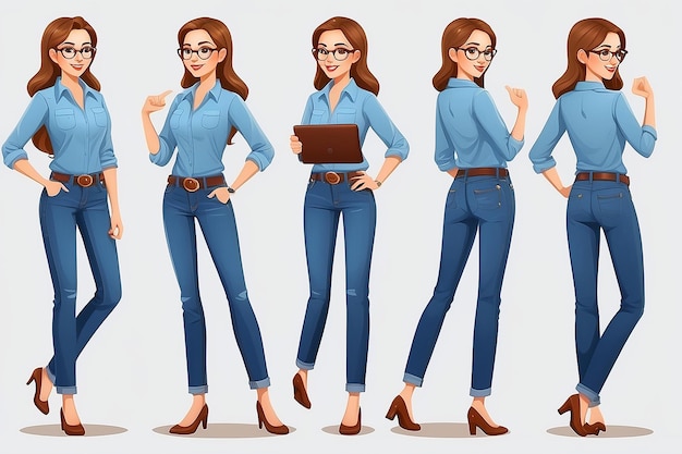 Personaggio casuale di donna d'affari in diverse pose in jeans illustrazione vettoriale isolata