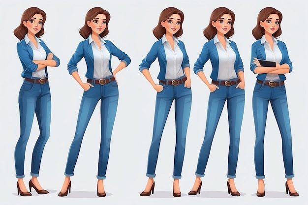 Personaggio casuale di donna d'affari in diverse pose in jeans illustrazione vettoriale isolata