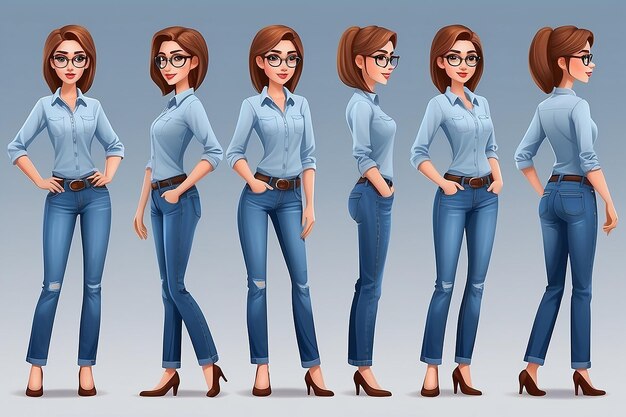 Personaggio casuale di donna d'affari in diverse pose in jeans illustrazione vettoriale isolata