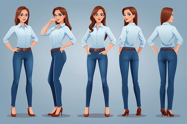Personaggio casuale di donna d'affari in diverse pose in jeans illustrazione vettoriale isolata