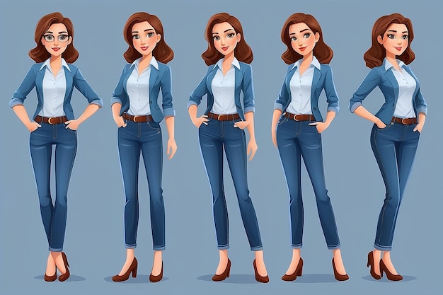 Personaggio casuale di donna d'affari in diverse pose in jeans illustrazione vettoriale isolata