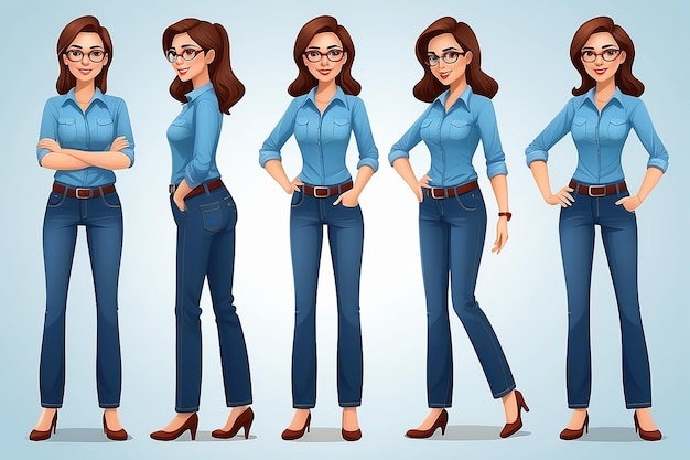 Personaggio casuale di donna d'affari in diverse pose in jeans illustrazione vettoriale isolata