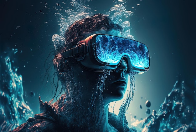 Personaggio che utilizza occhiali VR immersi in un liquido diffuso con retroilluminazione