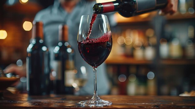 Personaggio che versa il vino rosso nel bicchiere da vino