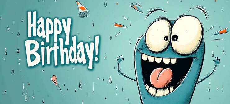 Personaggio colorato di cartoni animati che celebra gioiosamente il compleanno su un biglietto di auguri