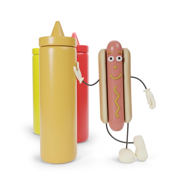 Personaggio comico di hot dog appoggiato a un contenitore di senape isolato su uno sfondo bianco
