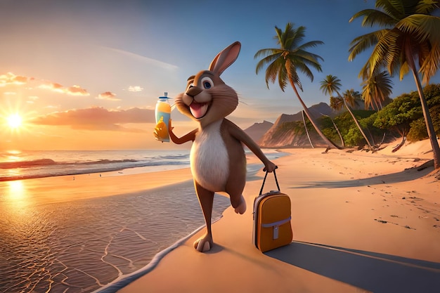 Personaggio coniglietto felice sulla spiaggia che corre tenendo succo e borsa tra le mani