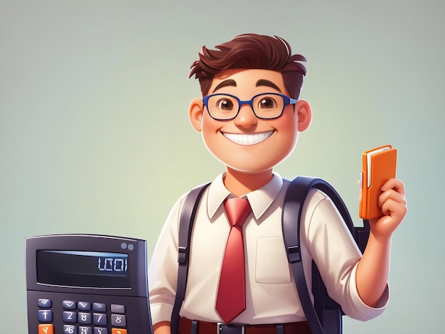 personaggio contabile dei cartoni animati con un sorriso felice e di successo accanto a una calcolatrice Ai generativa
