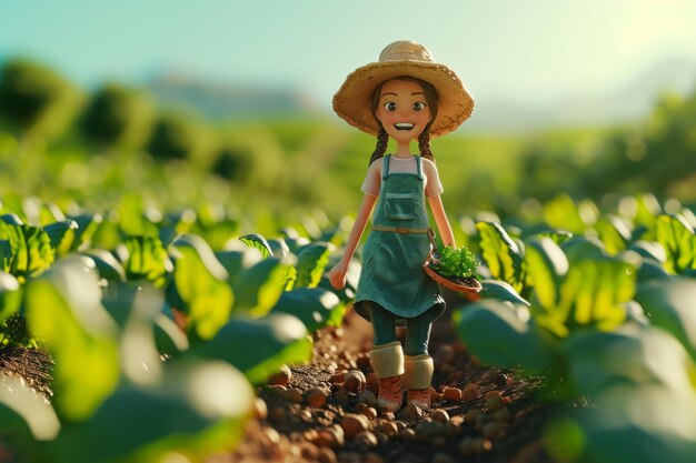 Personaggio contadino animato sorridente in piedi in un campo lussureggiante con un cesto che rappresenta l'agricoltura e la vita sana