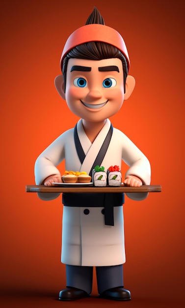 Personaggio dei cartoni animati 3D di uno chef di sushi